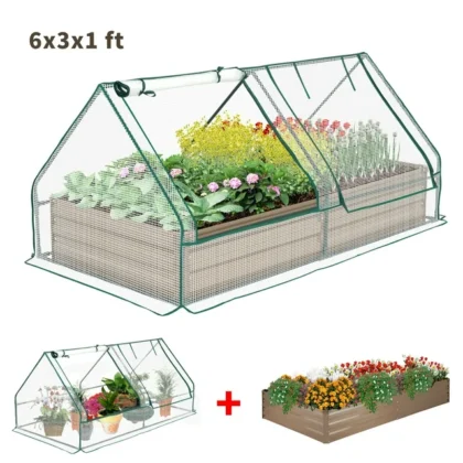 6x3x1ft Galvanized Raised Garden Bed with Cover Outdoor Extra-Thick Metal Planter Box Kit,w/ 2 Roll-Up Large Screen Windows Mini Greenhouse for Growing Flowers etc